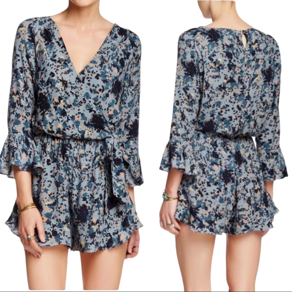 Free People Ruffles Long Sleeve Rain Blue Romper